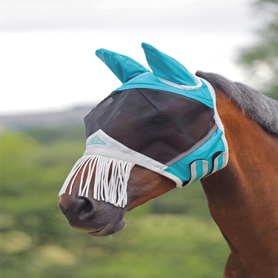 image 1 of Shires Fine Mesh Fly Mask with Nose Fringe Blue | Full