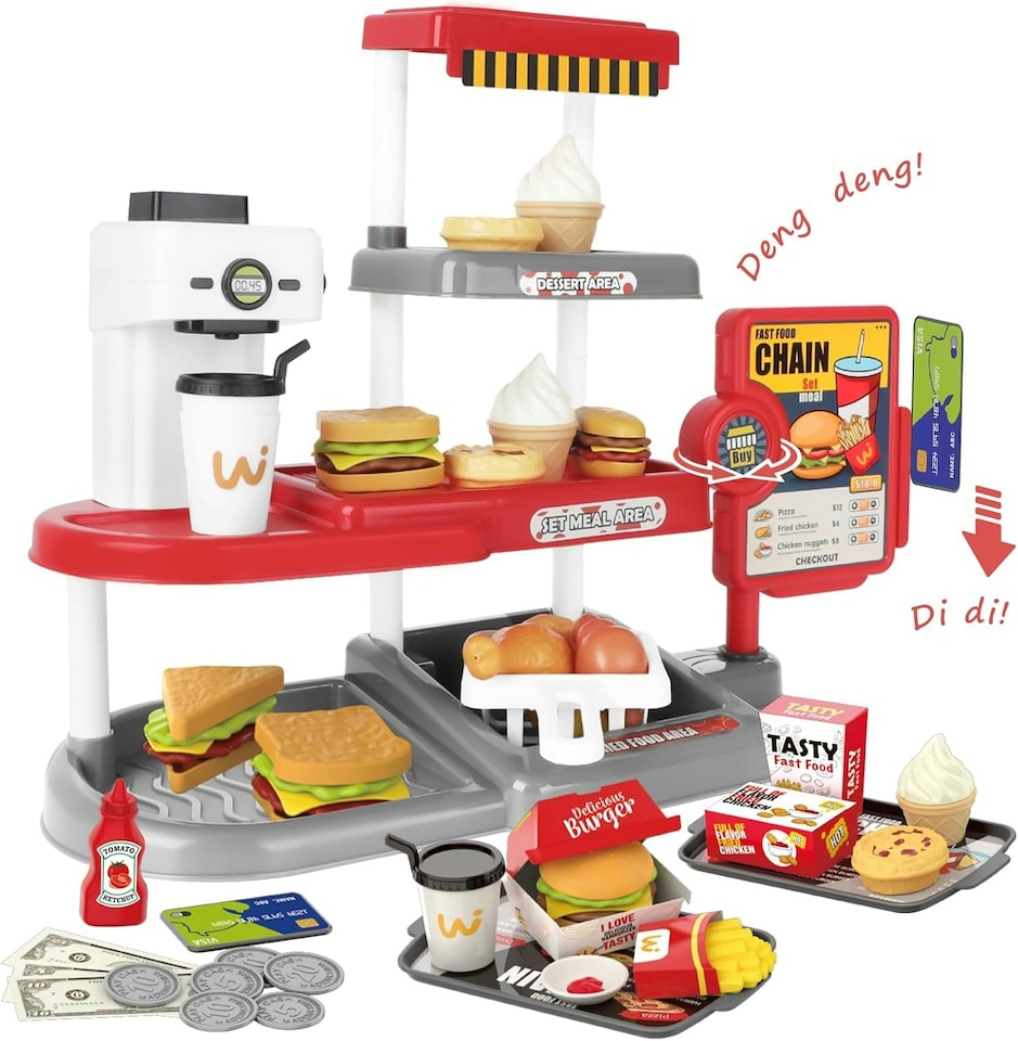 image 1 of 71PCS Kids Fast Food Playset – Pretend Kitchen Toy Set with Cash Register, Drink Dispenser & Food Accessories