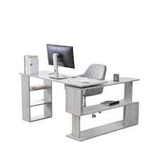 Grey Office Desk L-shaped with Grey Velvet Upholstered Chair Wooden Room Furniture Grey