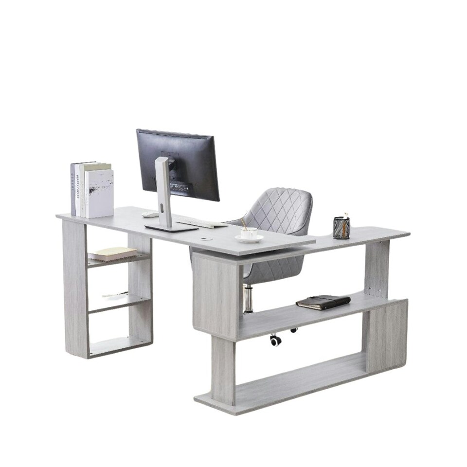 image 1 of Grey Office Desk L-shaped with Grey Velvet Upholstered Chair Wooden Room Furniture Grey