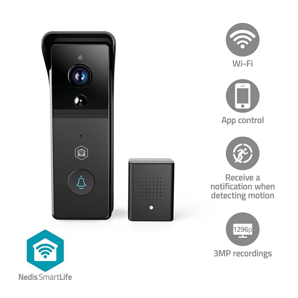 image 1 of NEDIS Smart Wi-Fi Video Doorbell Camera with Chime, 3MP Full HD 1296p, Wireless Battery Powered with Motion Sensor, Night Vision and 2-Way Audio