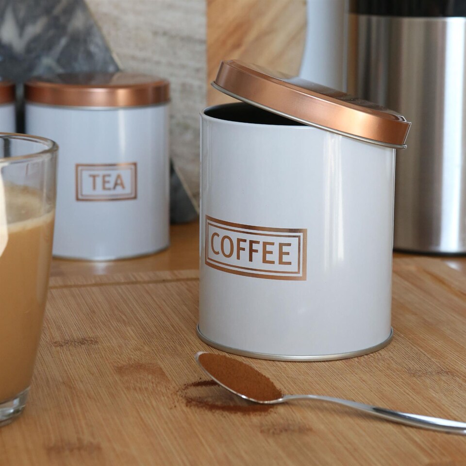 image 1 of Harbour Housewares 3pc Round Metal Tea Coffee Sugar Canister Set - White/Copper