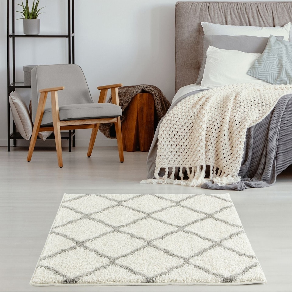 image 1 of THE RUGS Shaggy Rug – Modern Moroccan Design Rugs for Living Room, Bedroom, Hallway, 3 cm Thick Area Rugs, (Moroccan Ivory/Grey, 80x150cm)