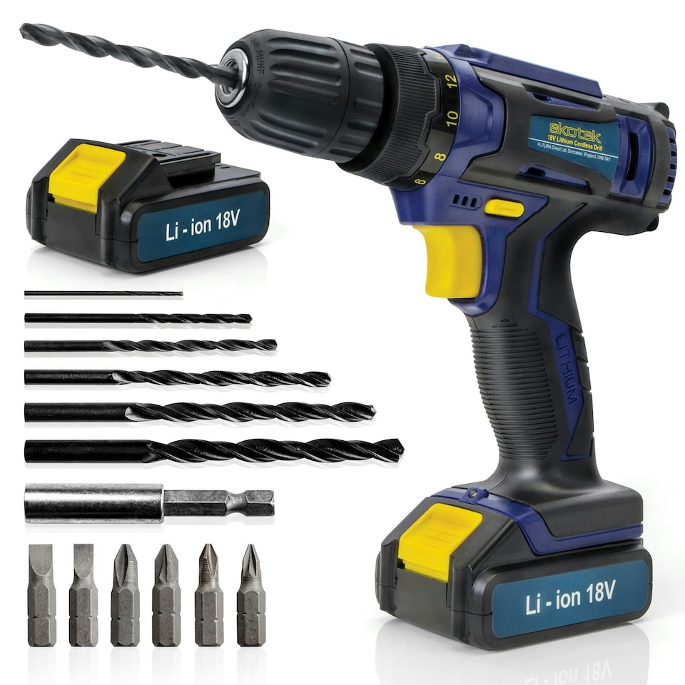 image 1 of Skotek 18V Cordless Drill & 13pc Screwdriver Set (2 Batteries & Charger Included)
