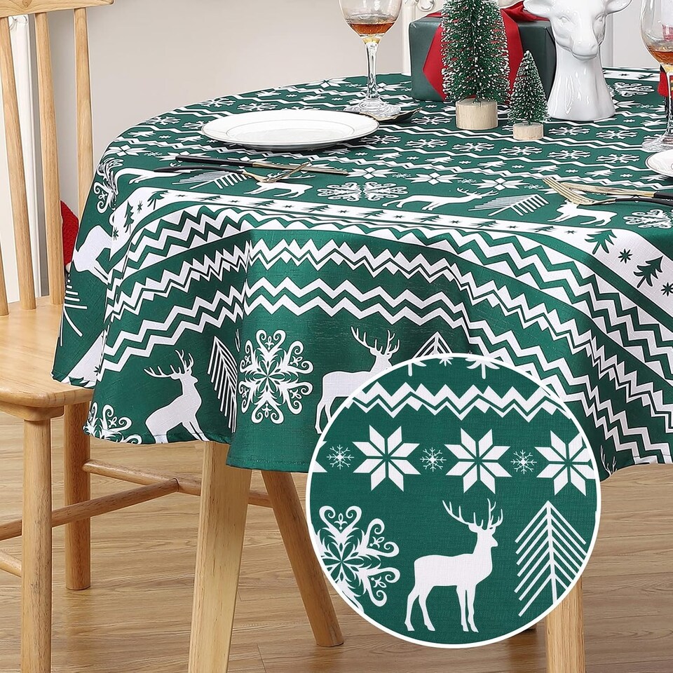 image 1 of London Boutique Round Christmas Tablecloth, Stain‑Resistant Wrinkle‑Resistant, Snowflake and Reindeer Print, Green, 60 in