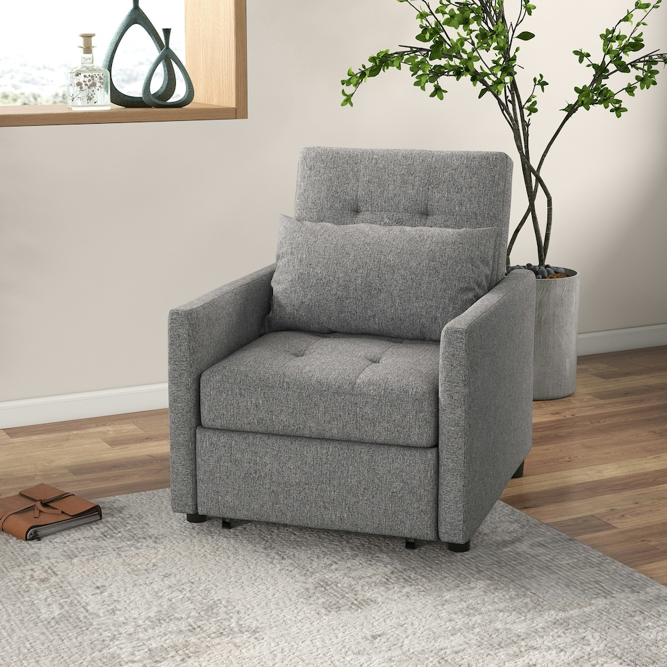 image 1 of HOMCOM Convertible Single Chair Bed w/ Tufted Upholstered Fabric, Grey