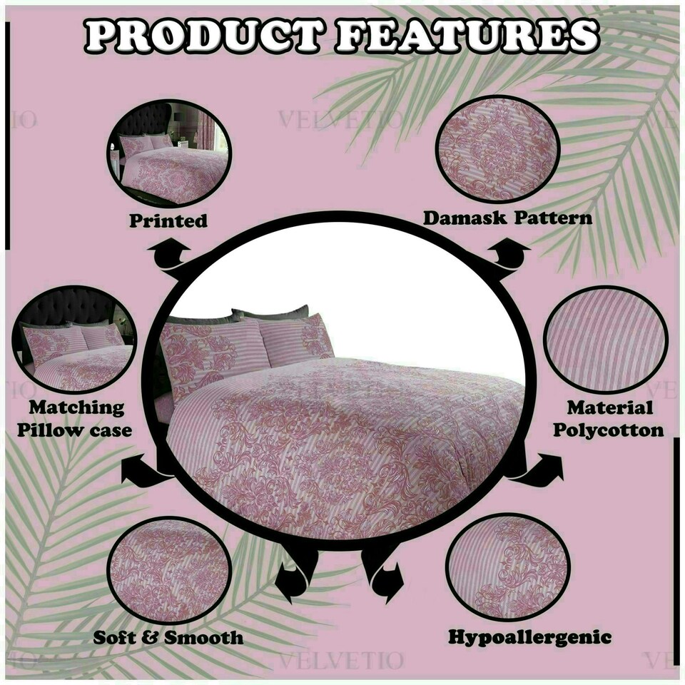 image 1 of VELVETIO Empire Damask Printed Duvet Cover Set Reversible Polycotton Beddings Pink | King