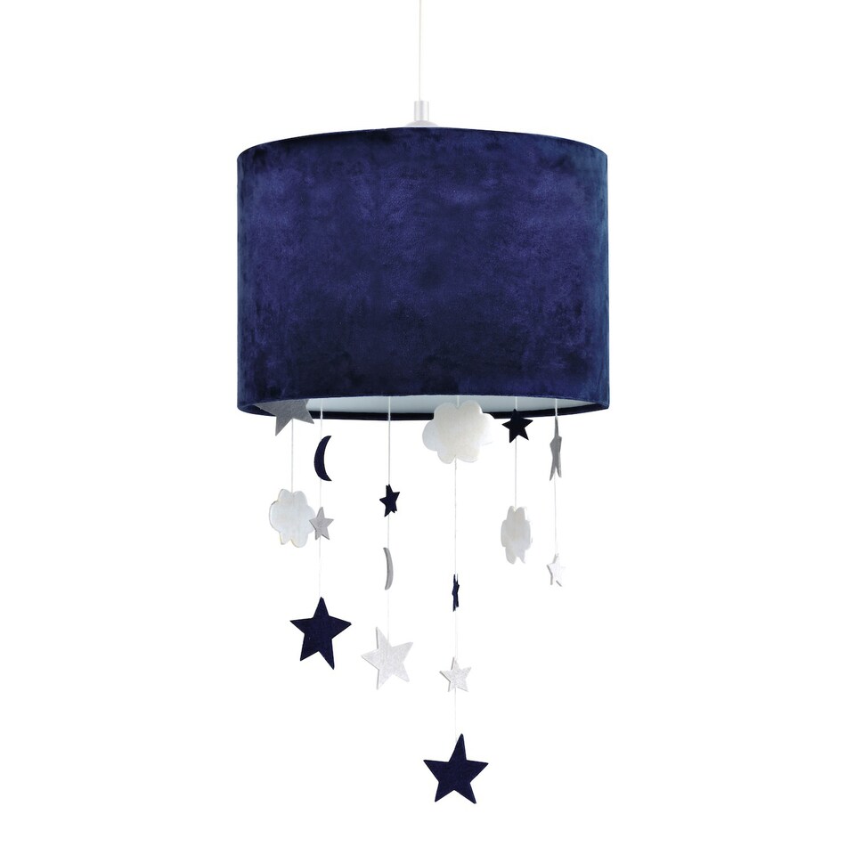image 1 of Soft Midnight Blue Velvet Pendant Lamp Shade with Hanging Felt Stars and Clouds | Blue | 12"