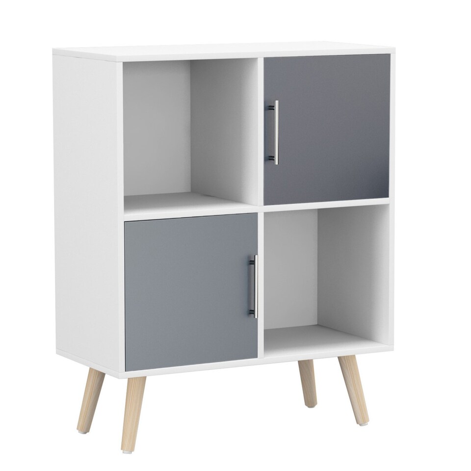 image 1 of White 4-Cube Storage Unit with 2 Metal Handle Doors and Legs | Grey | Grey & Pine | 1