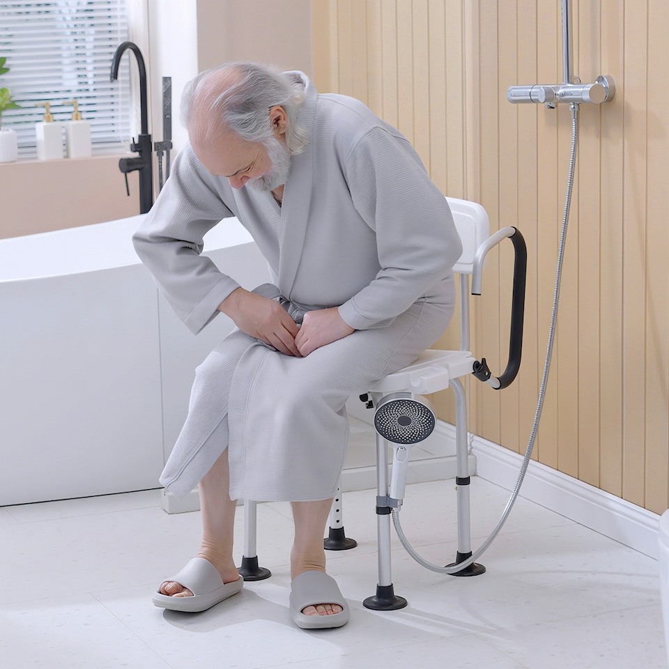 image 1 of HOMCOM Shower Chair for the Elderly and Disabled, Height Adjustable Shower Stool with Back and Flipped Padded Arms, Suction Foot Pads, White