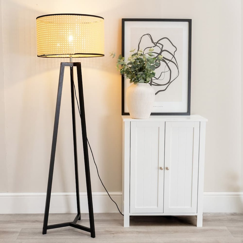 image 1 of ValueLights Lottie Black Wood Tripod Floor Lamp Natural Cane Shade