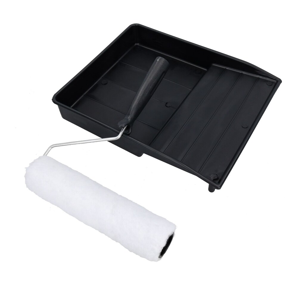 image 1 of 9” Painting Decorating Paint Tray and Wool Type Roller Egg Shell Gloss Paints 3pk