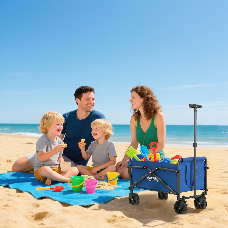 image 1 of Outsunny 62L Festival Trolley, 60kg Heavy Duty Folding Trolley Cart, Blue | Blue