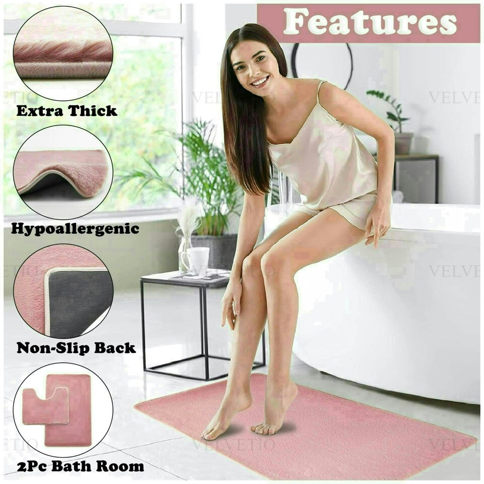 image 1 of VELVETIO Faux Fur Bath Mat Set Shaggy Super Soft Plush Anti Slip PVC Back White