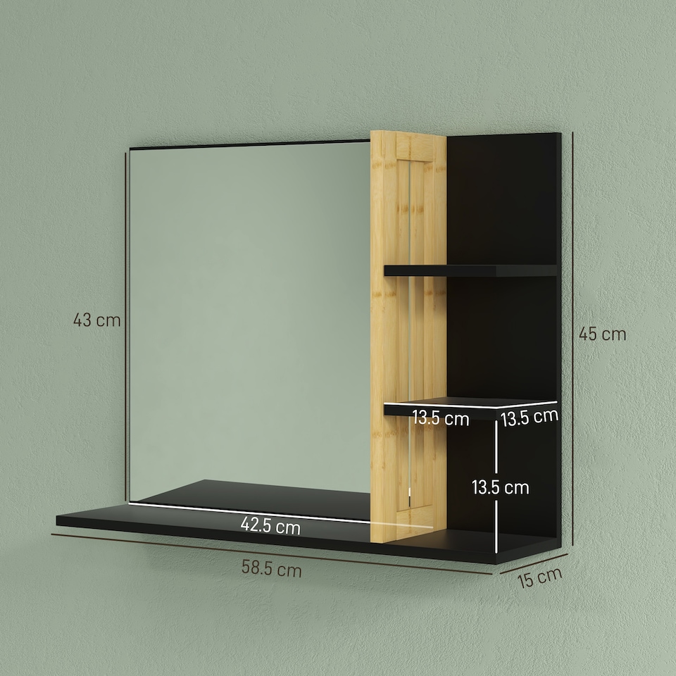image 1 of HOMCOM Modern Bathroom Mirror with Shelf, Wall-mounted Vanity Mirror with 4 Storage Shelves and Bamboo Panel for Make Up, Black
