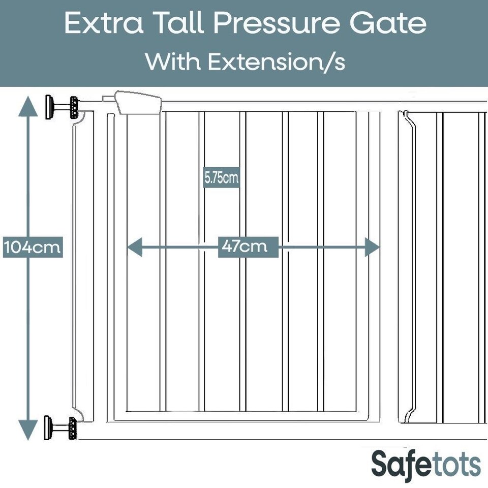 image 1 of Safetots Extra Tall Metal Safety Gate Pressure Fit, 107.4cm - 115cm, Slate Grey, 104cm in Height, Extra Tall Stair Gate, Tall Baby Gate, Easy Installation
