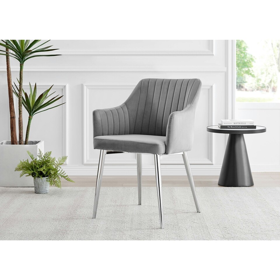 image 1 of Furniturebox 2x Calla Grey Velvet Dining Chairs with Silver Chrome Legs