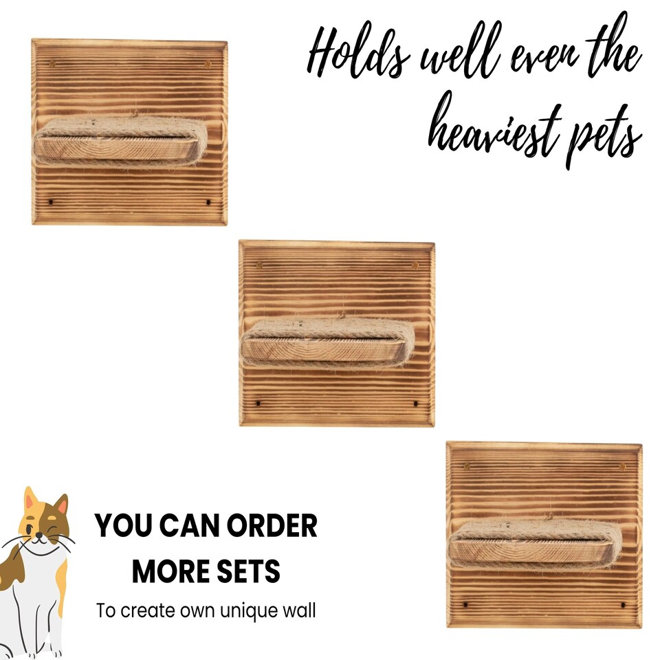 image 1 of NOVECRAFTO Cat Wall Steps – Set of 5 Square Wooden Shelves with Sisal Rope – Wall-Mounted Climbing Furniture for Indoor Cats – Natural Wood Finish