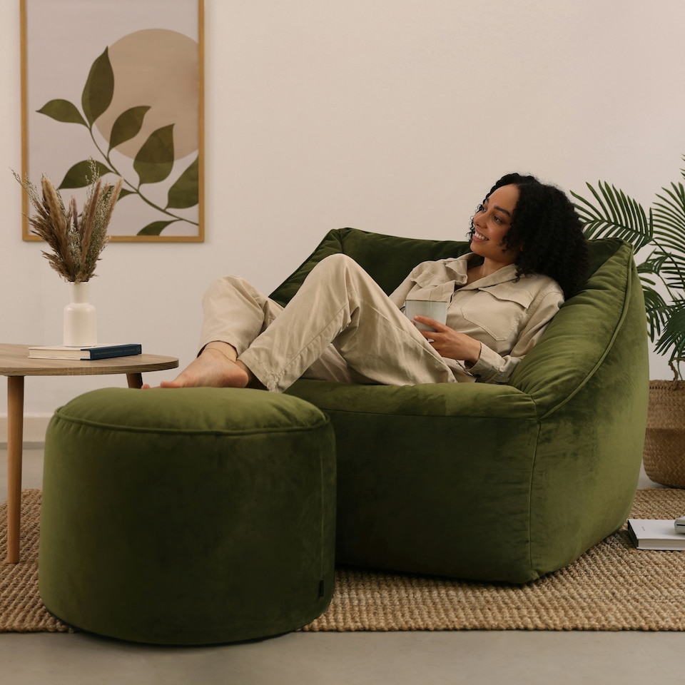 image 1 of icon Natalia Velvet Adults Bean Bag Armchair and Pouffe, Ready Filled Large Beanbag and Footstool Olive Green Green