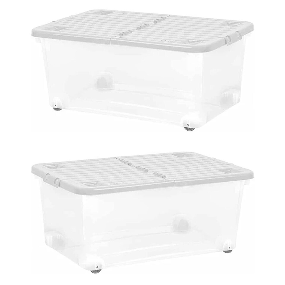 image 1 of 1 x 30 Litre Strong Stackable Folding Split Lid Storage Container Home Office Versatile Container With Wheels Clear