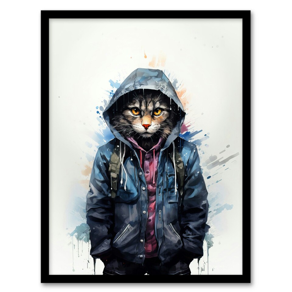 image 1 of Street Cat Watercolour Pet Portrait Boys Bedroom Black Framed Wall Art Print A4