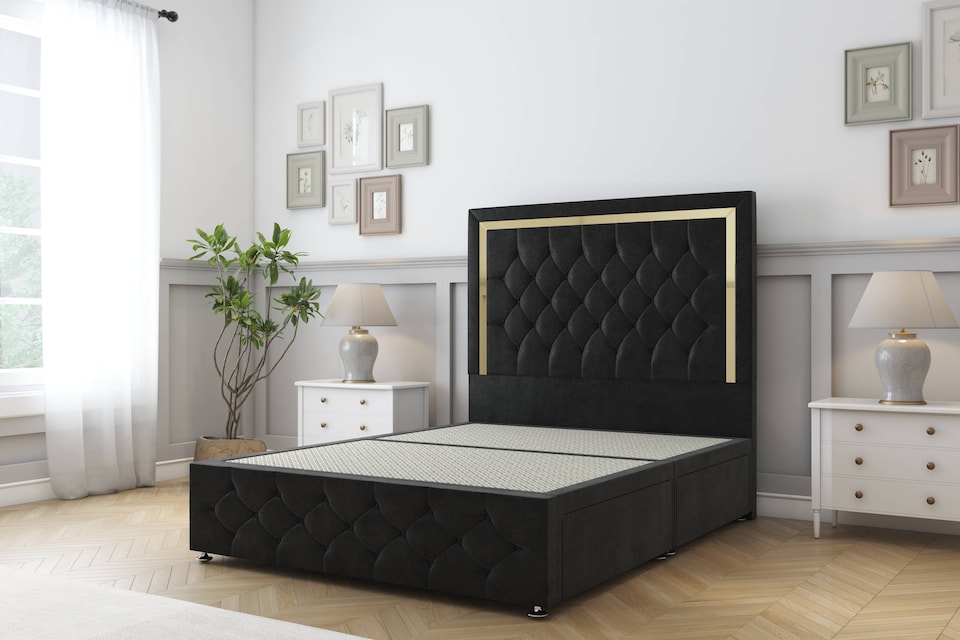 image 1 of Sloomy Sofia Gold Black Plush Divan Bed Base 2 Drawers Foot-End With 54 Inch Floor Standing Headboard & 12 Inch Matching Footboard | Black | Black | Double | 1