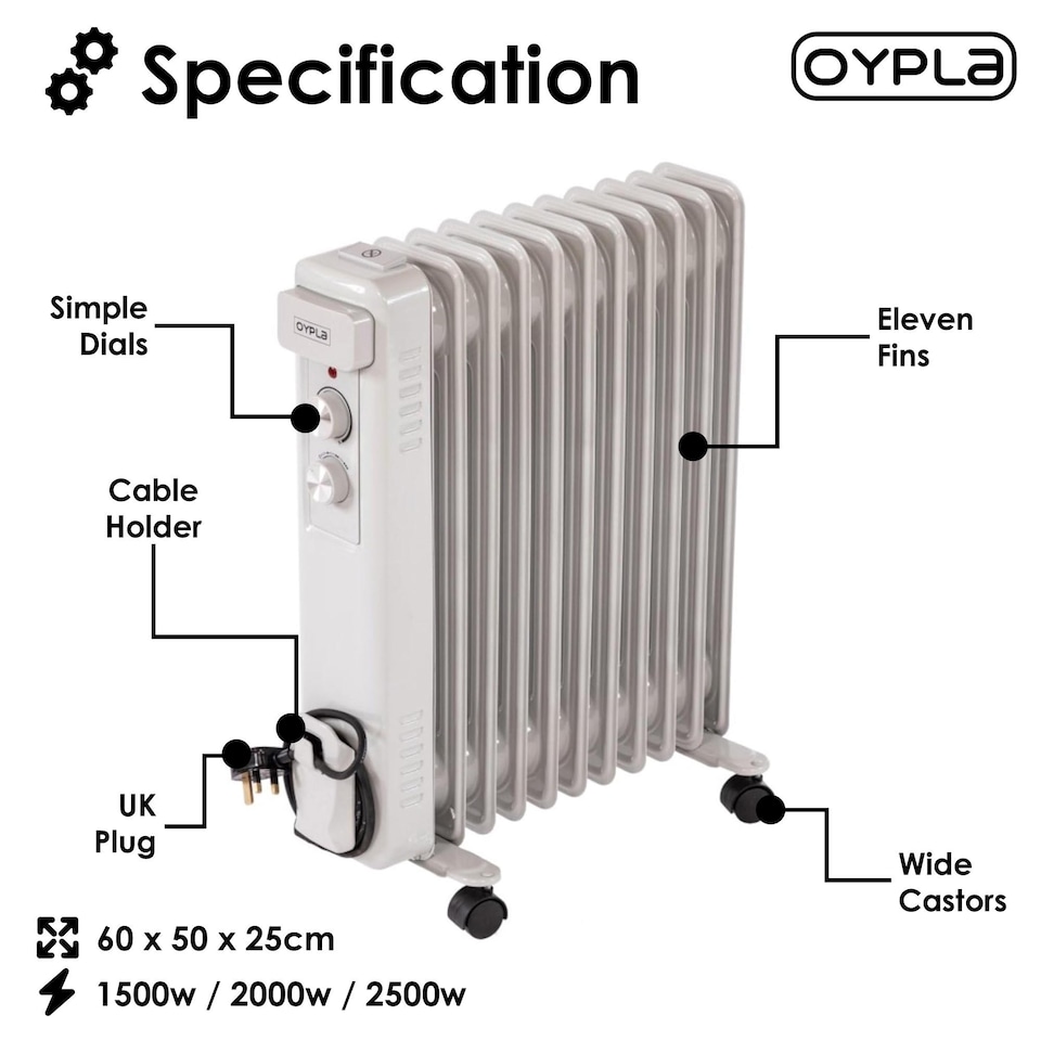 image 1 of 2500W 11 Fin Portable Oil Filled Radiator Electric Heater