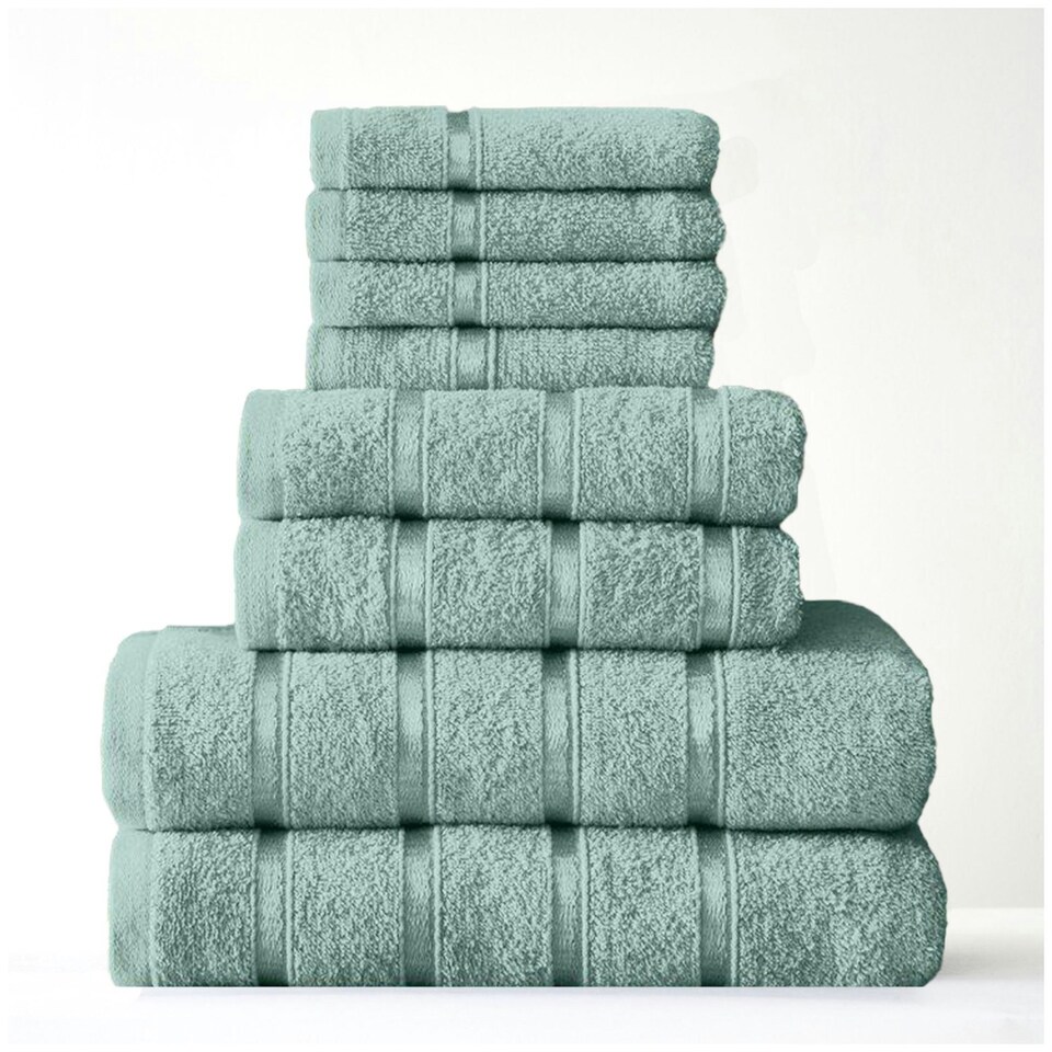 image 1 of VELVETIO 8 Piece Towel Bale Set Boston Shiny Stripe Pattern - 100% Cotton, 450 GSM Green | Duck Egg