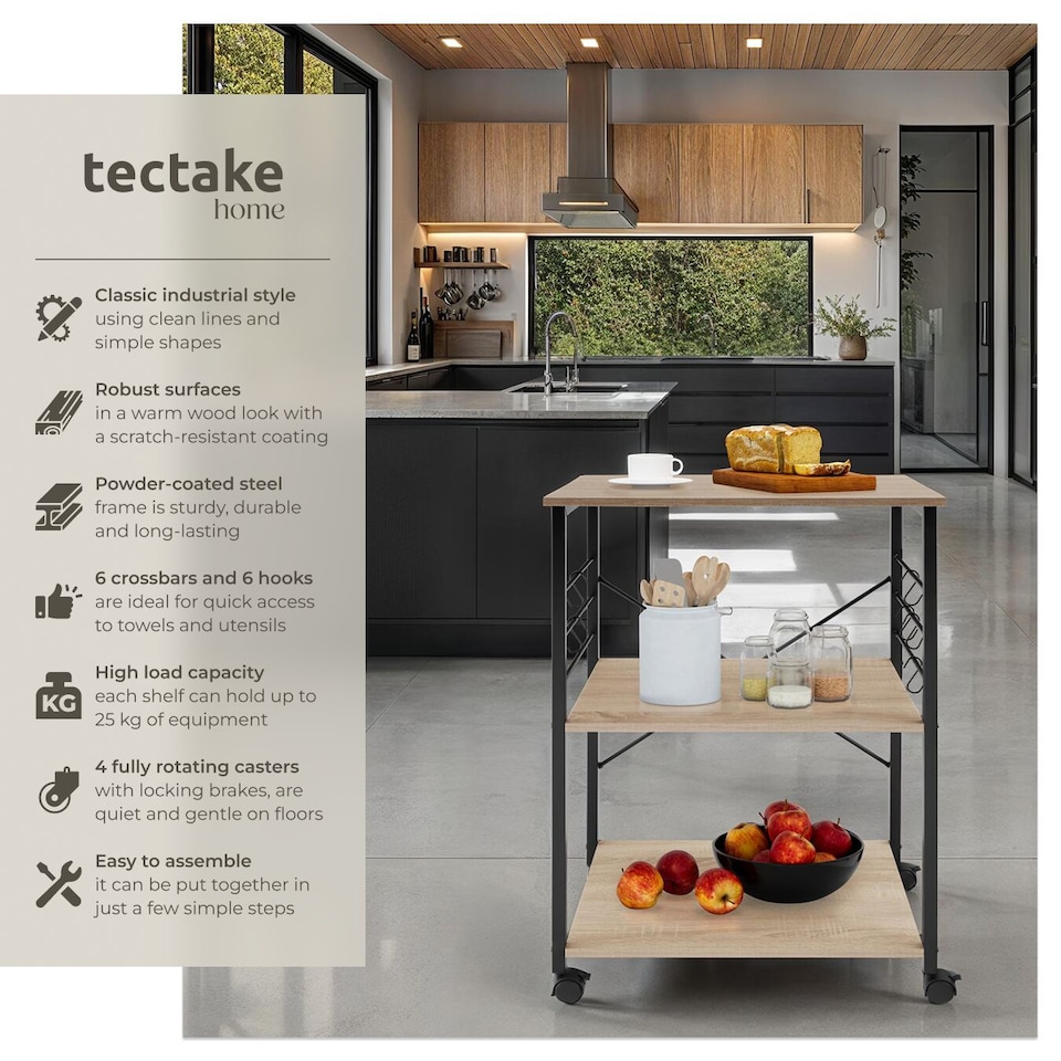 image 1 of Drinks Trolley Rugby - 3 shelves, 4 castors with parking brake | Brown | industrial wood light, oak Sonoma | 65,50 x 45,50 x 88,50 cm | 1