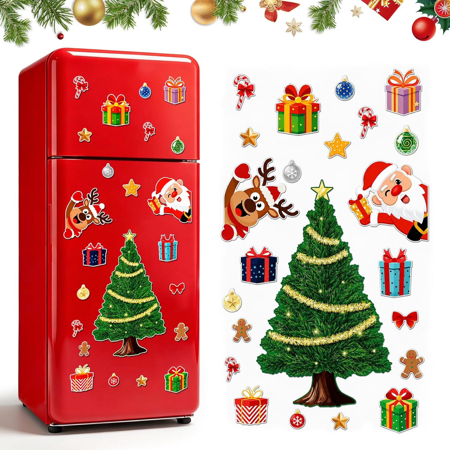 Magnetic Christmas Tree Fridge Magnets Decorations - Indoor Xmas Holiday Decoration Set with Santa, Reindeer, Reusable Festive Stickers for Fridge, Ca