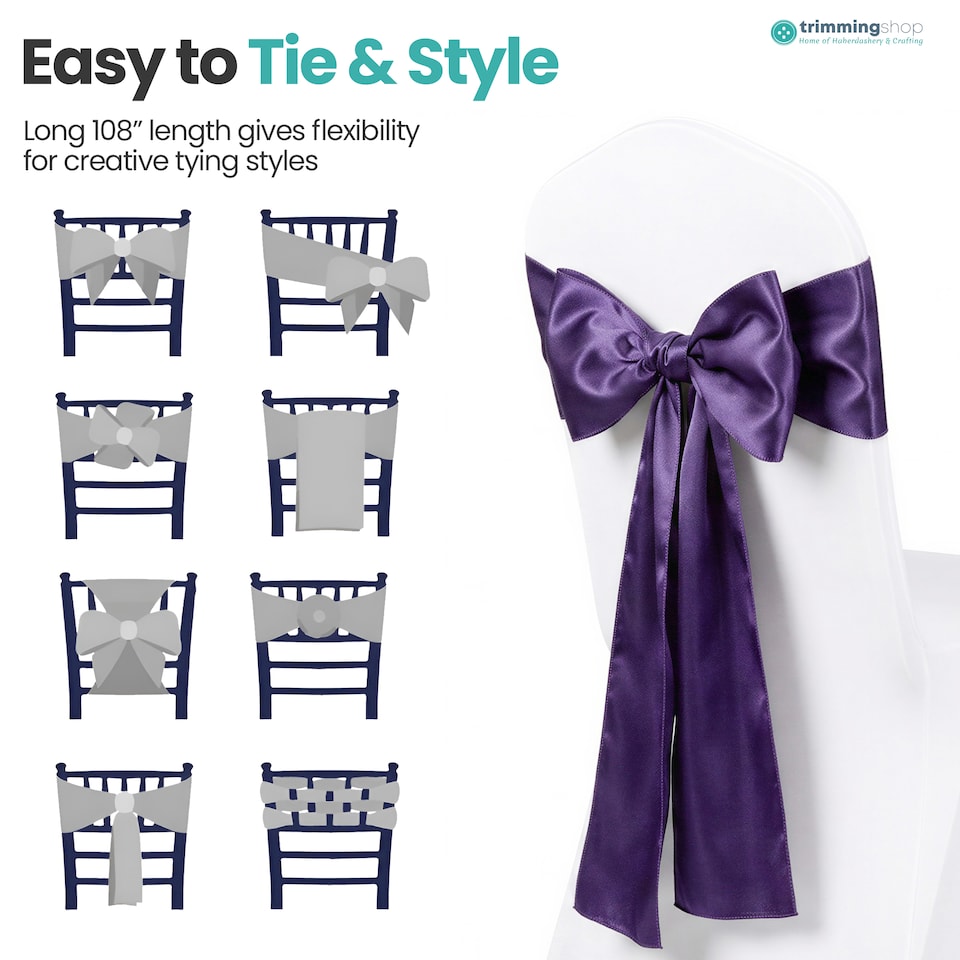 image 1 of 7"x108" Satin Chair Sash, Chair Sashes Hammed Edges Bow Tie - 1pc