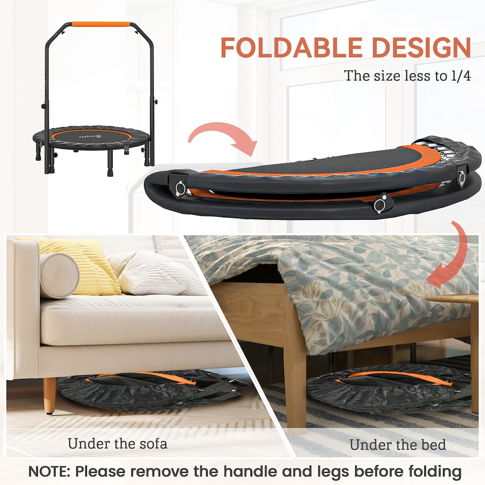 image 1 of HOMCOM 40" Foldable Mini Fitness Trampoline w/ Foam Handle, Orange