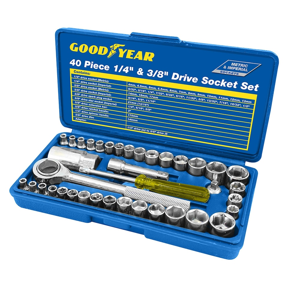 image 1 of Goodyear 40pc 1/4" & 3/8" socket driver set metric imperial ratchet bolts spark