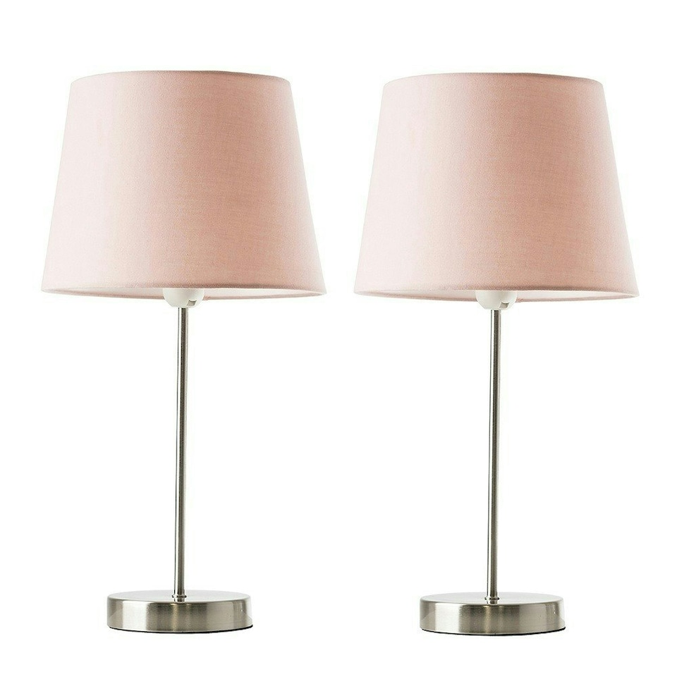 image 1 of ValueLights Charlie Pair Brushed Chrome Table Lamps Pink Taper Shades