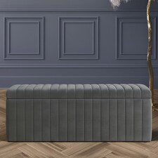 90cm Wide Lux Ottoman Storage Box, Steel Grey Velvet Upholstered Full Striped Storage Ottoman Box