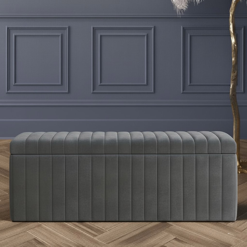 image 1 of 90cm Wide Lux Ottoman Storage Box, Steel Grey Velvet Upholstered Full Striped Storage Ottoman Box