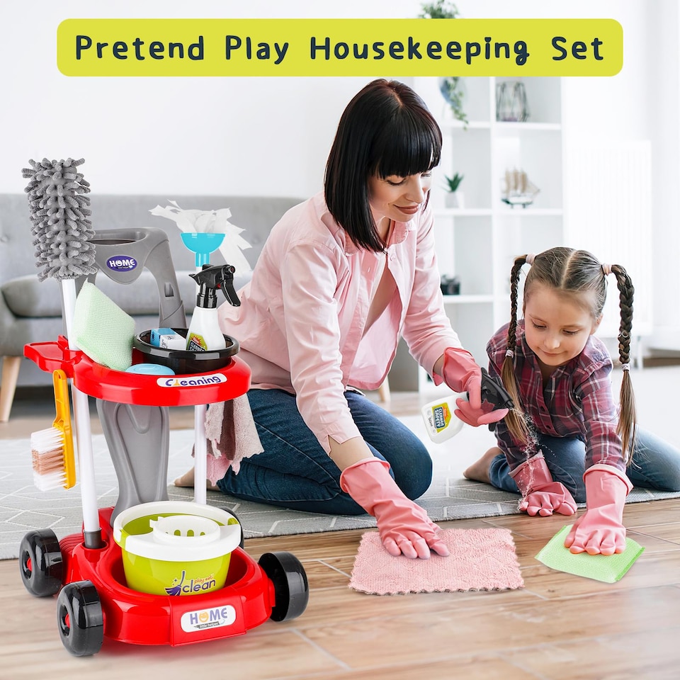 image 1 of Kids Play Trolley Cleaning Set – 12-Piece Pretend Housekeeping Cart with Broom & Dustpan Educational Role Play Toy for Ages 3–8