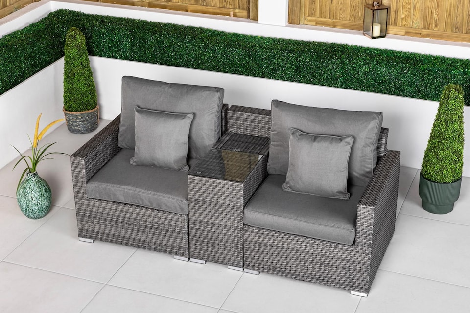 image 1 of Havana 2 Seat Modular Sofa Rattan Garden Bistro Balcony Furniture Set Outdoor Drinks Cooler Table | Grey | Grey | Two Seater
