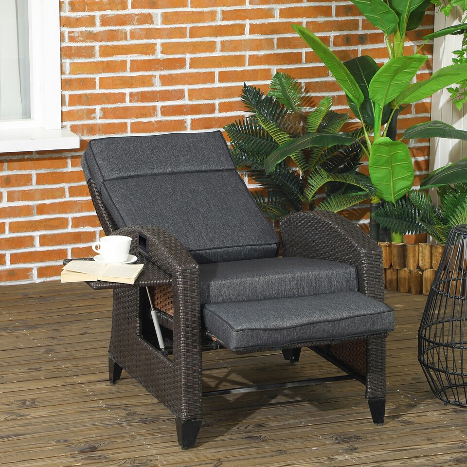 image 1 of Outsunny Garden Recliner w/ Cushion, Reclining Rattan Chair, Dark Grey/Brown