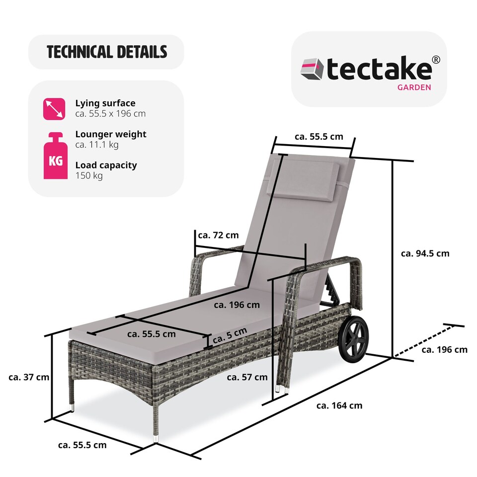 image 1 of Sun Lounger Cassis - 6-step adjustable backrest, removable headrest, with wheels | Grey | grey | 1