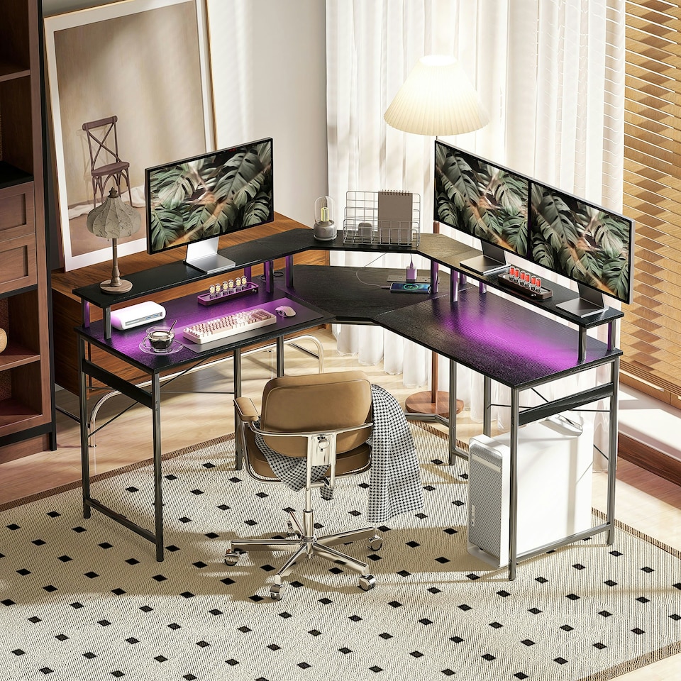 image 1 of HOMCOM L Shaped Desk Corner Computer Desk with Monitor Stand, Black Black