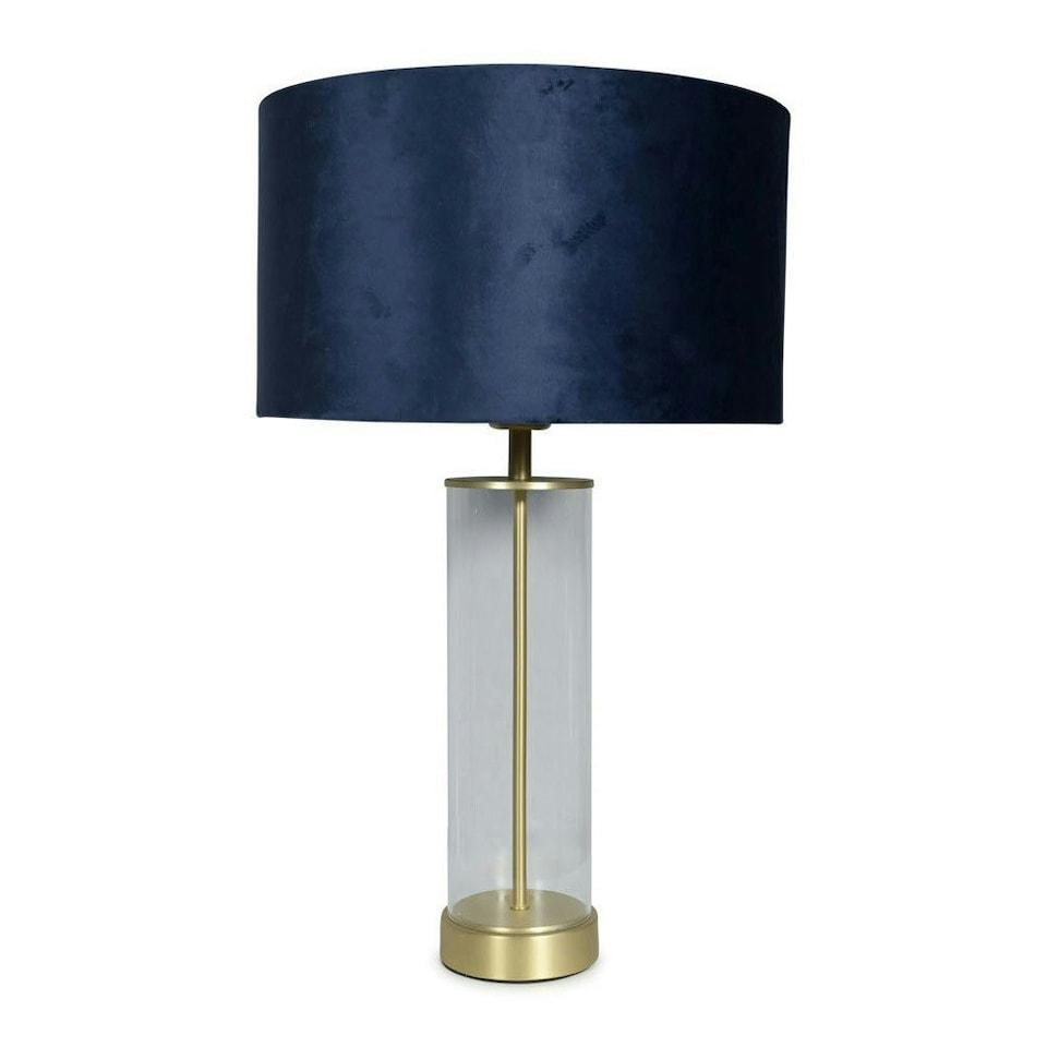 image 1 of ValueLights Clear Tube and Gold Metal Bedside Table Lamp with a Navy Blue Velvet Shade - LED Bulb Included