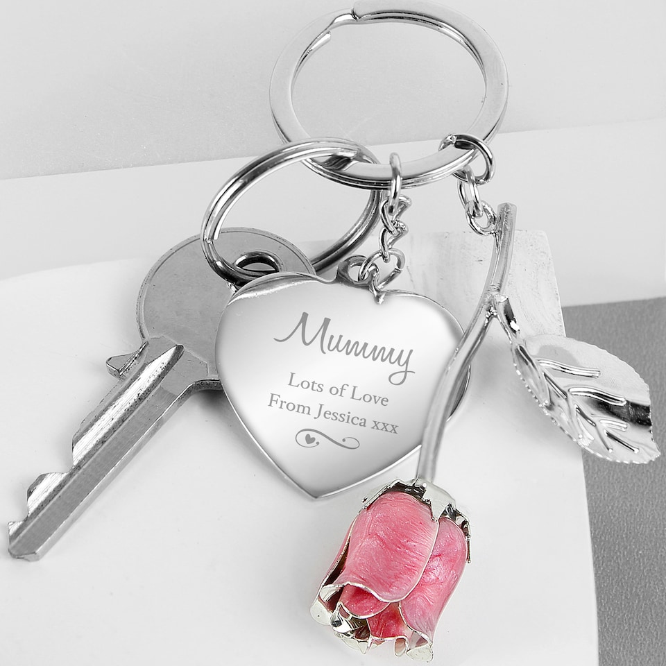 image 1 of Personalised Silver Plated Swirls & Hearts Pink Rose Keyring