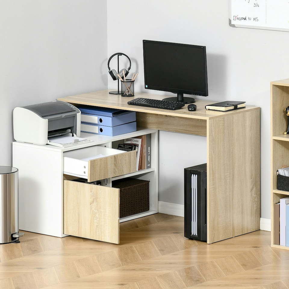 image 1 of HOMCOM L-Shaped Corner Computer Desk Study Table w/ Storage Shelf Drawer Office