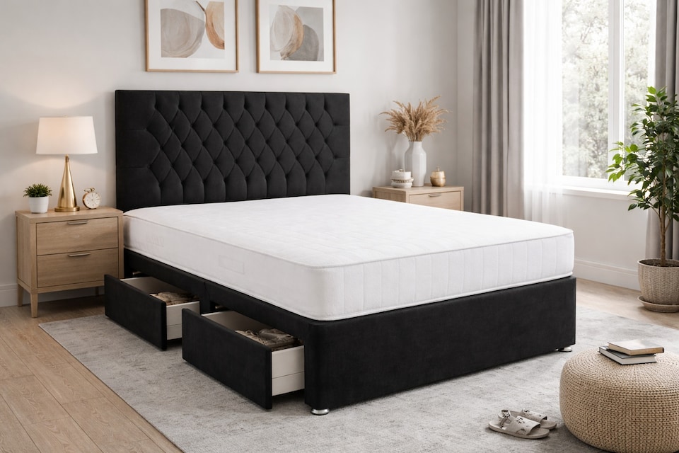 image 1 of Black Naples 4FT Small Double  Divan Bed Set with Memory Mattress and Headboard No Drawers