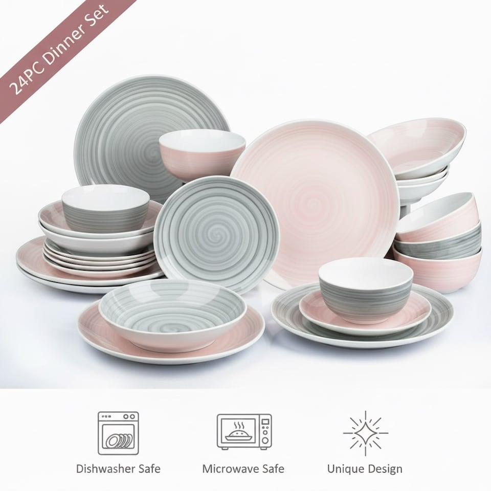 image 1 of 24pc Grey and Pink Spinwash Dinner Set