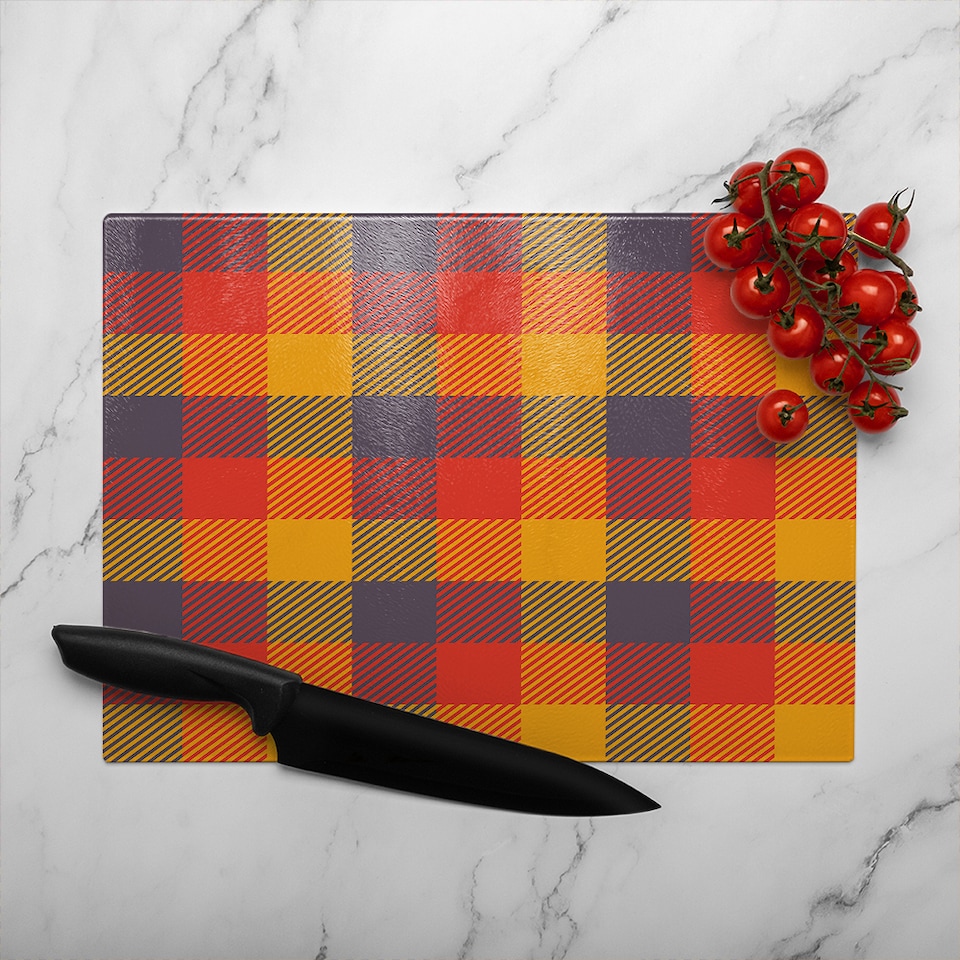 image 1 of Orange Check Pattern Glass Chopping Board | Multi