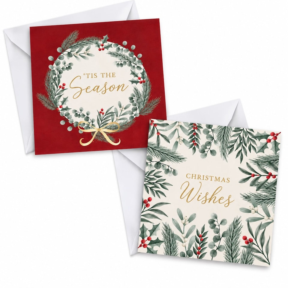 image 1 of 24 Christmas Cards With Envelopes Foliage Holly Wreath 2 Deigns