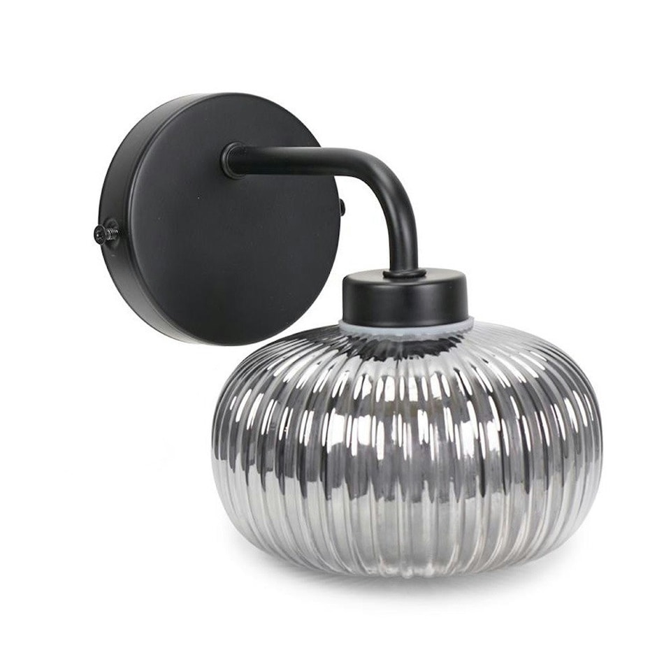 image 1 of ValueLights Amaia Matte Black IP44 Rated Single Smoked Ribbed Glass Wall Light with LED Bulb