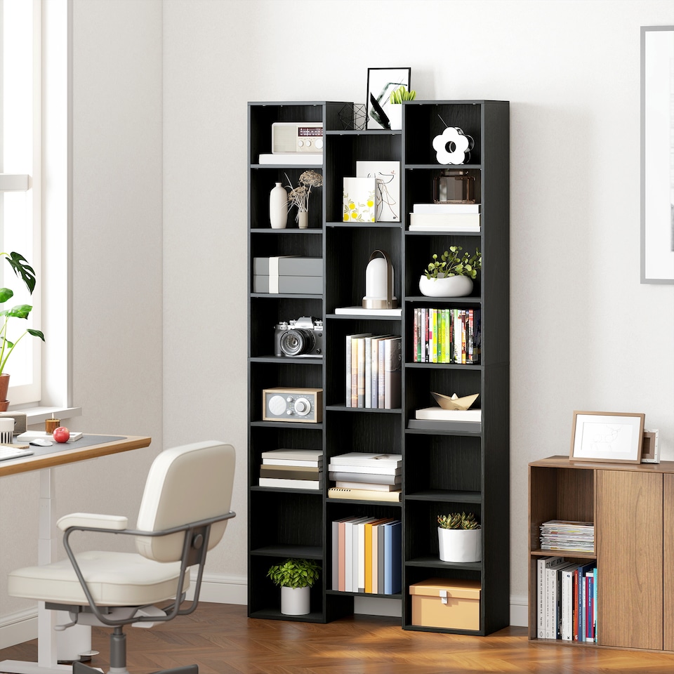 image 1 of HOMCOM 21-Cube Tall Bookcase, Modern Cube Book shelf with 10 Adjustable Shelves, Freestanding Multi-Functional Storage Unit for Living Room, Home Office, Bedroom, 181 x 89.5W cm, Black | Black | Black